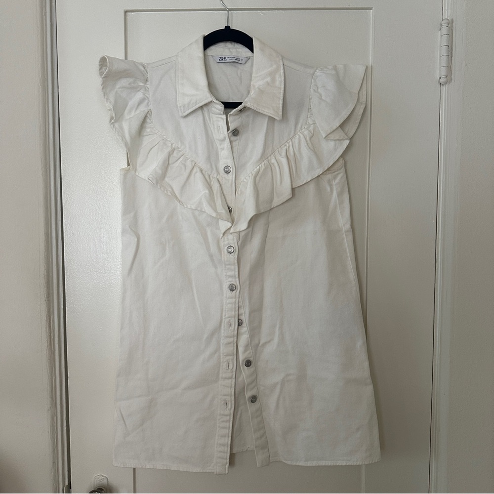 Zara Ruffle Jean Mini Dress White Denim Button Front Sleeveless Size M